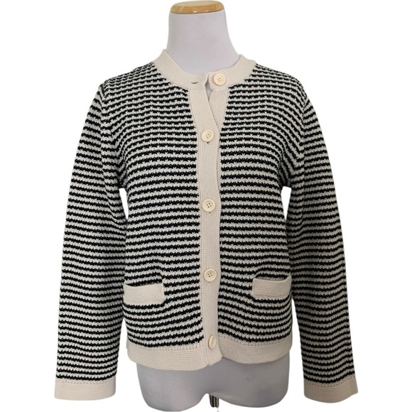 UNIQLO Knitted Short Jacket Womens L Black Cream Cardigan Sweater Pockets Fitted - Picture 1 of 16